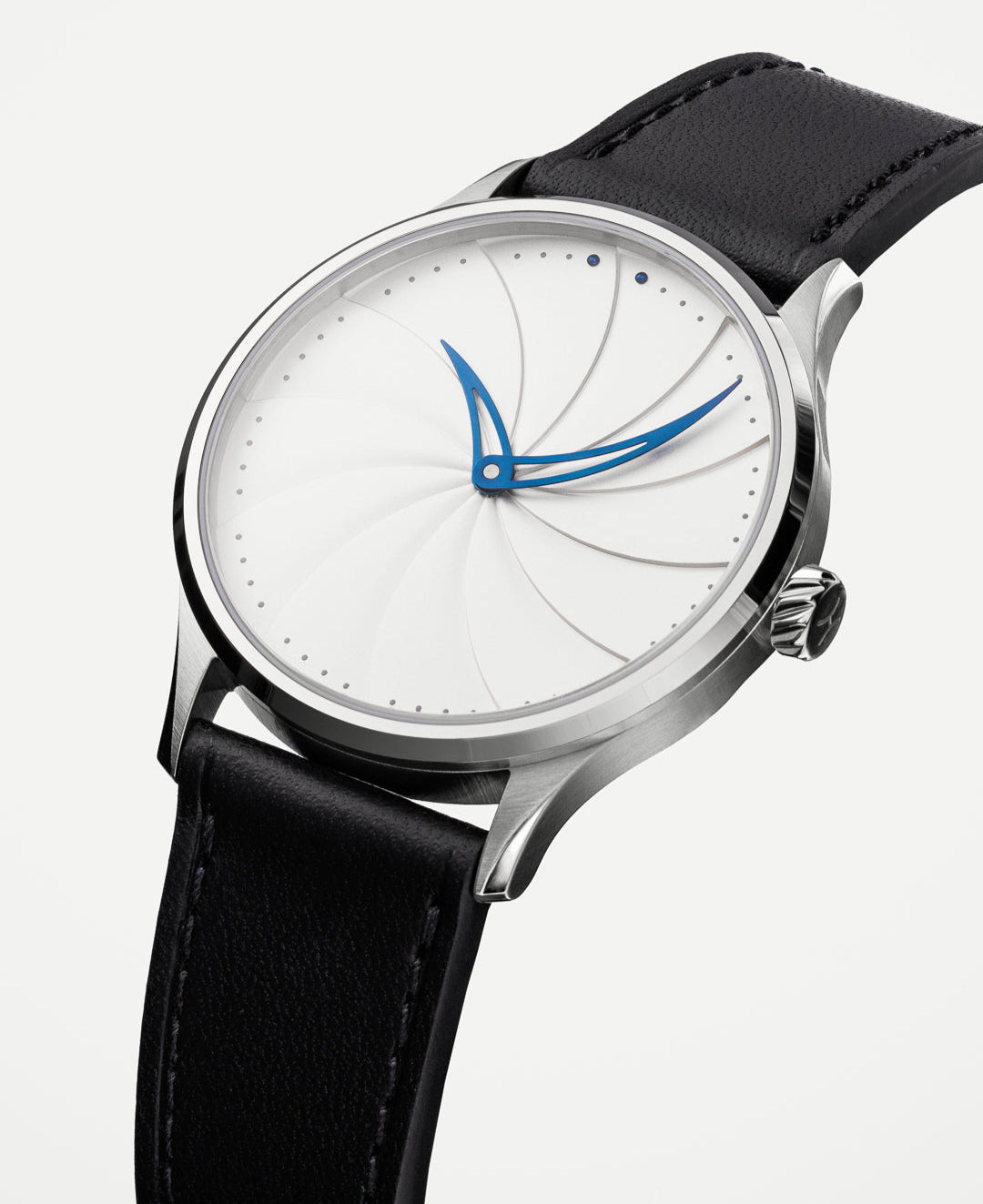 Alpharo Model 1 watch with white dial, blue hands and black leather strap